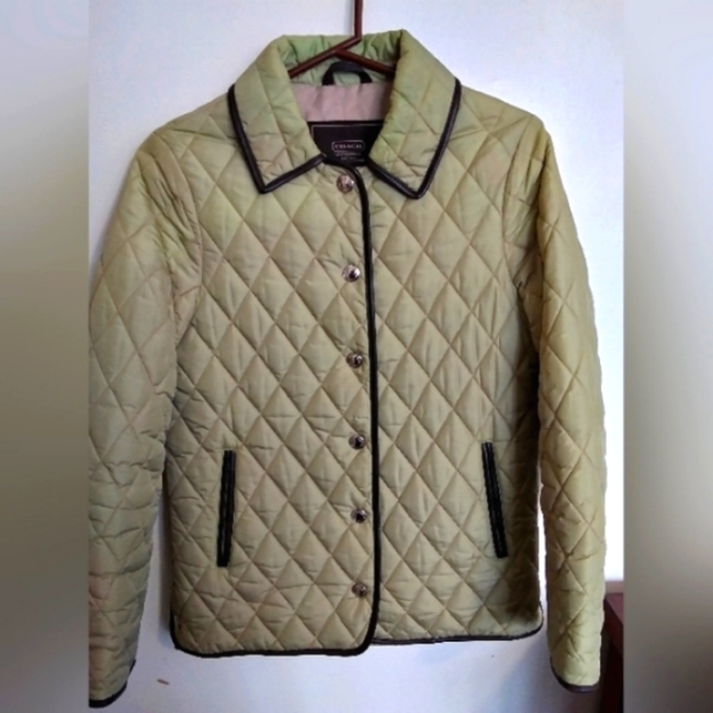 LIKE NEW Coach Womens Quilted Olive Green Coat Jacket Leather Trim XS